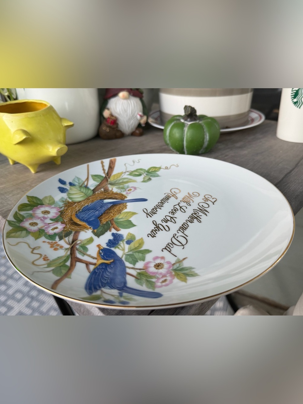 Porcelain Dinner Plate with Blue Bird and Floral Motif